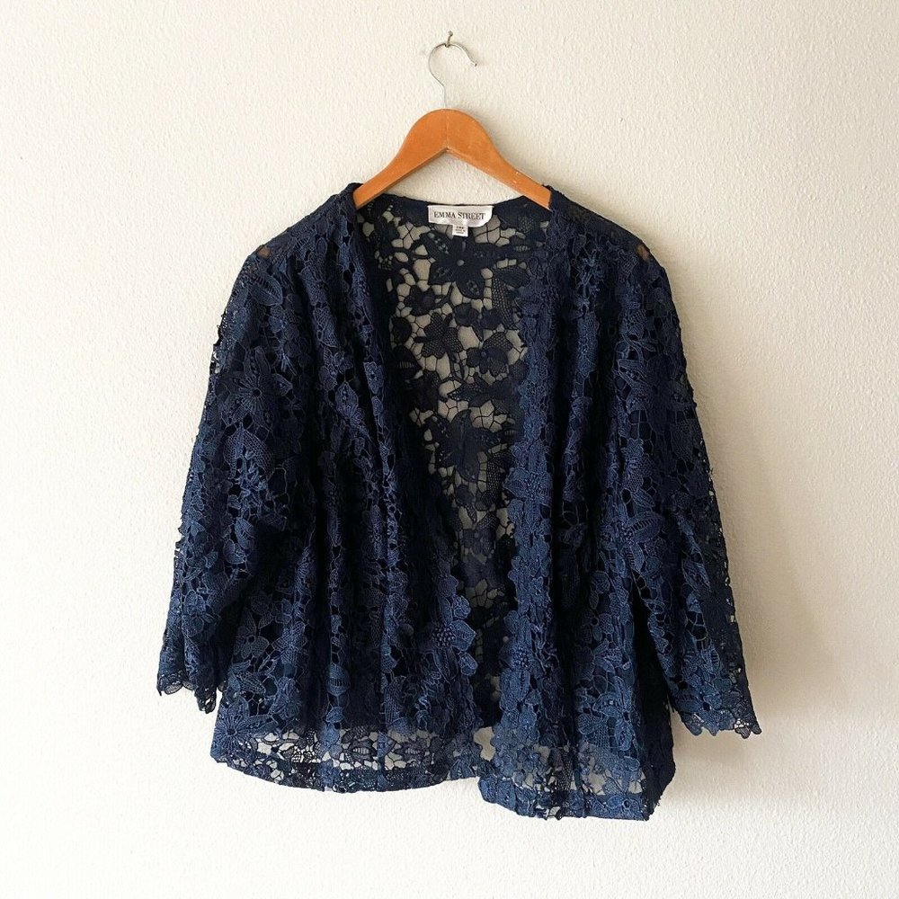 Emma Street dark navy blue lace crochet semi see through cardigan 24W